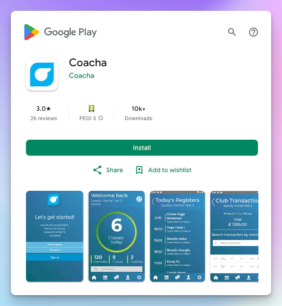 Coacha app on Google Play with screens for today's rosters, classes, and club transactions