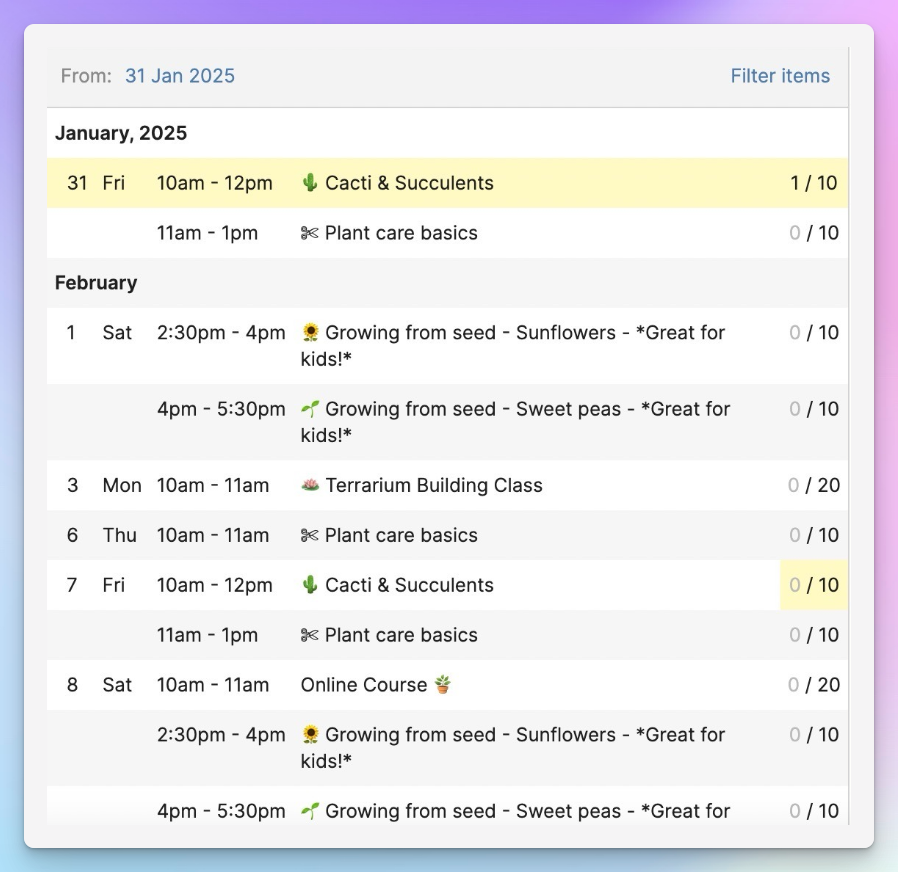 Bookwhen list-based schedule showing one-off workshops with dates, times, and spaces remaining