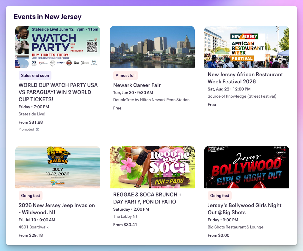 Eventbrite discovery page showing a grid of event cards for New Jersey, each with an image, title, date, and price