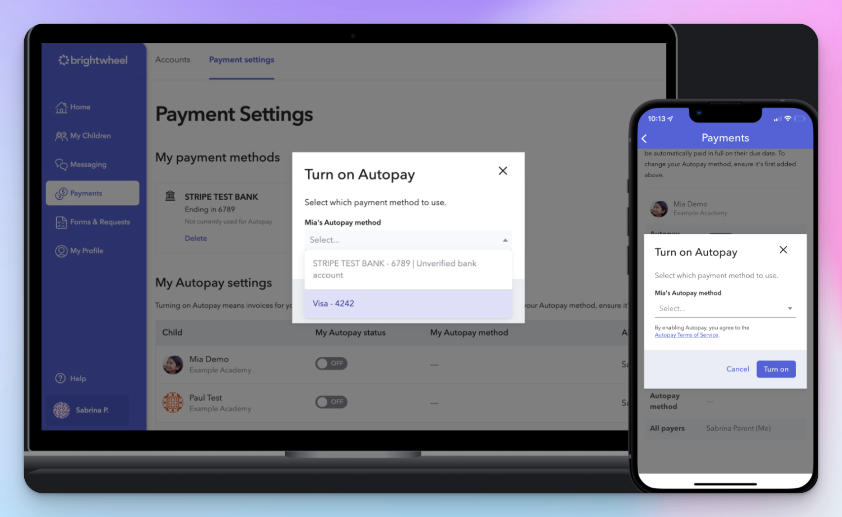 brightwheel payment settings on desktop and mobile with the Turn on Autopay dialog open