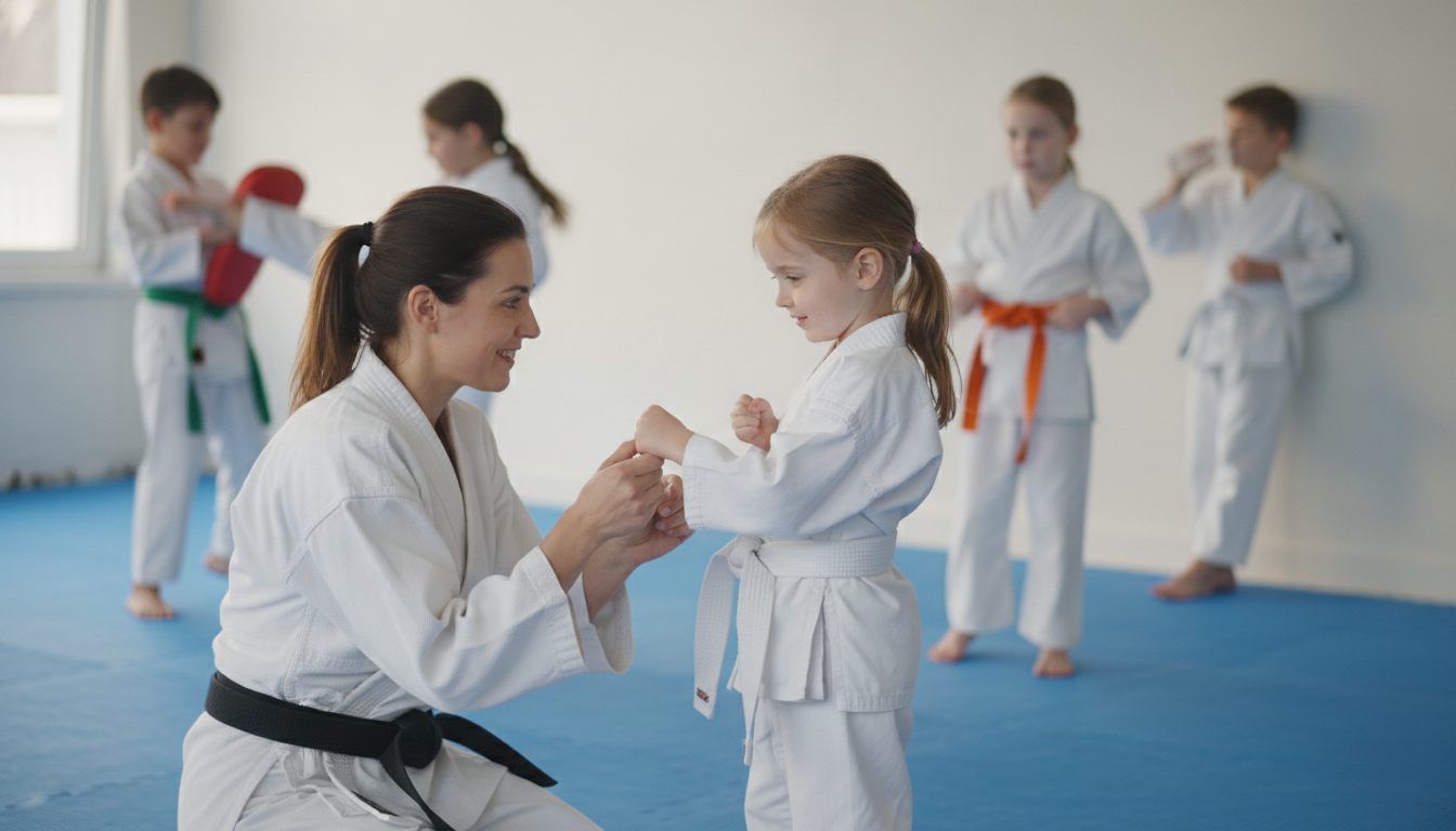 Kids martial arts class with mixed belt levels