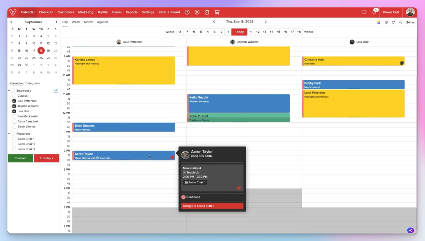 Vagaro calendar day view showing appointments across three staff columns with a client appointment detail popup