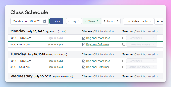 Mindbody class schedule showing a week of Pilates classes with sign-in counts and teachers per session