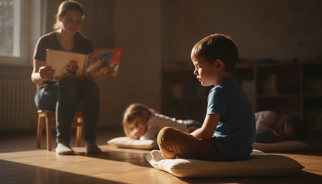 Children winding down on floor cushions