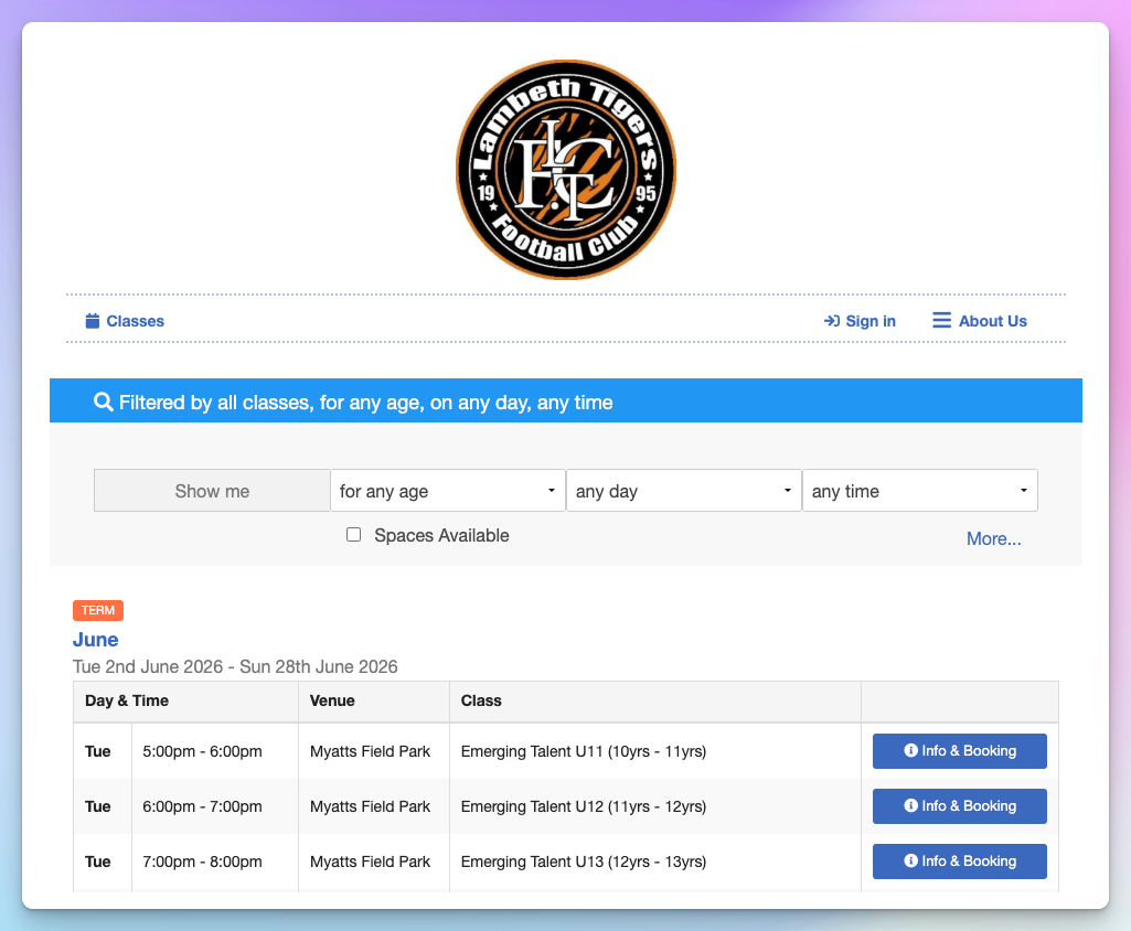 ClassForKids parent booking page for Lambeth Tigers Football Club, listing bookable class sessions