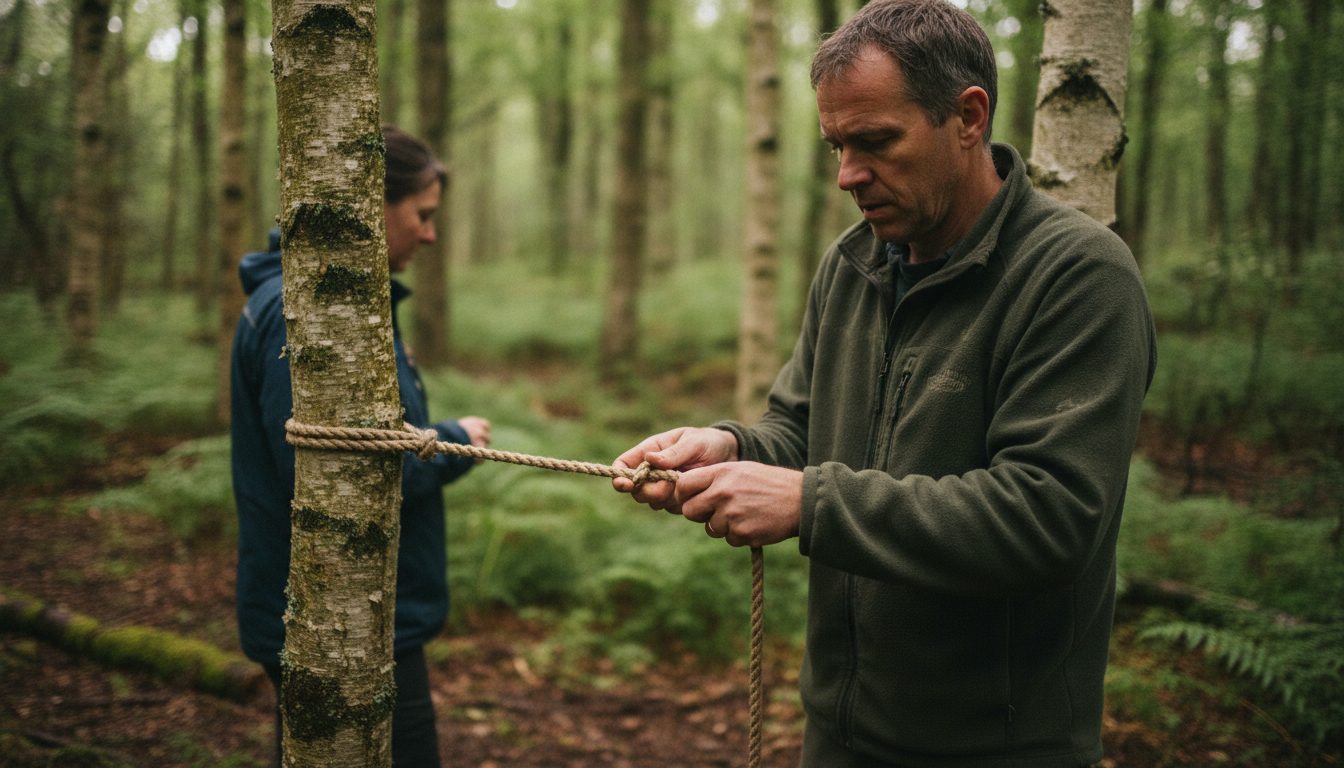 Trainees tying knots outdoors