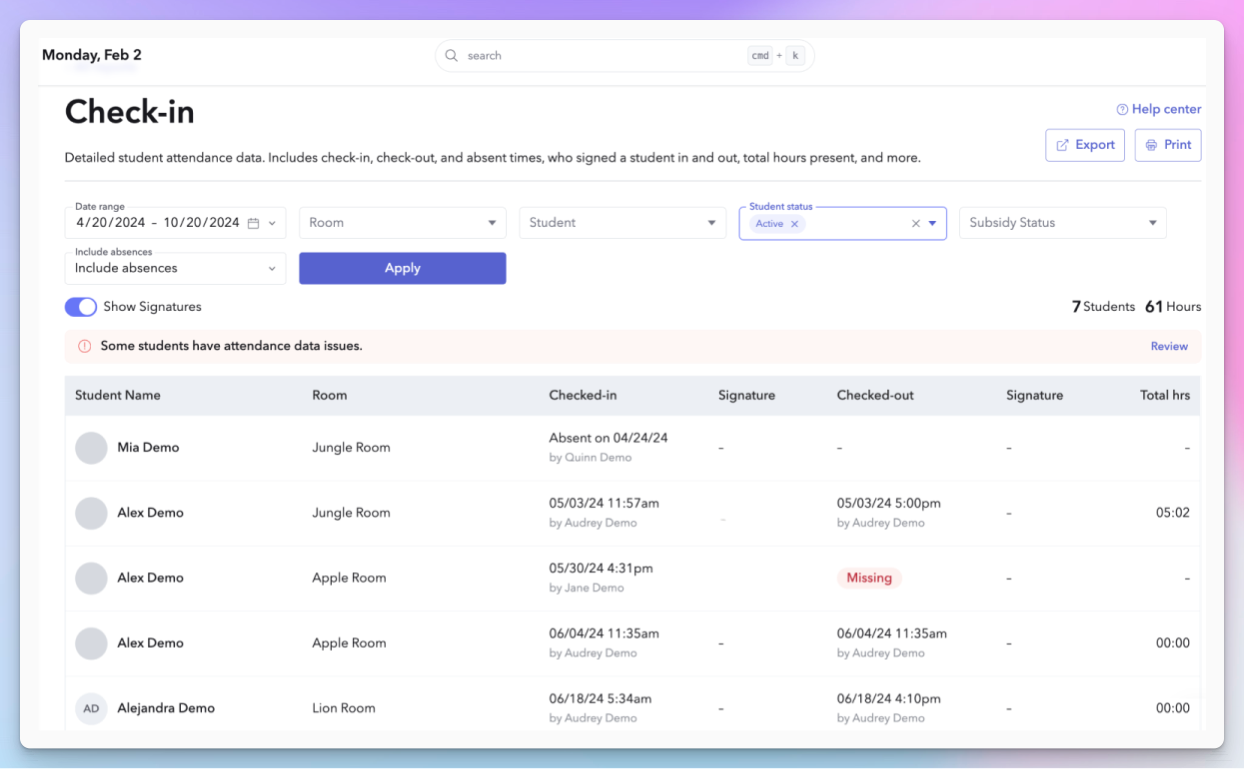 brightwheel admin check-in report listing each student's check-in and check-out times, who signed them, and total hours