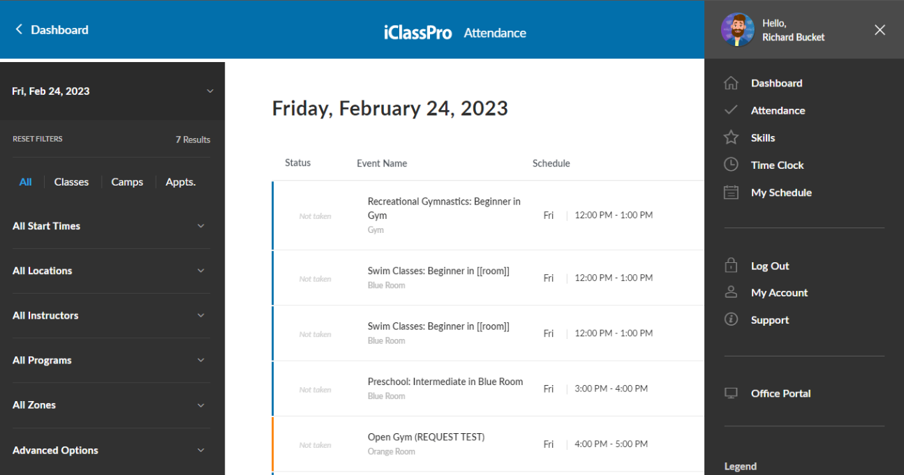 iClassPro attendance tracking dashboard showing swim and gymnastics class schedule with status filters, instructor view, and session times