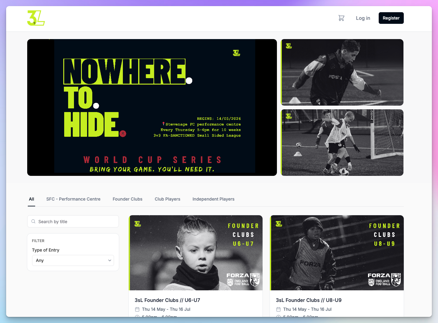 Pembee online booking page for football coaching provider 3sL, showing World Cup Series classes open for registration