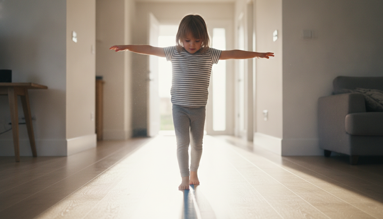 Child balancing on a taped line