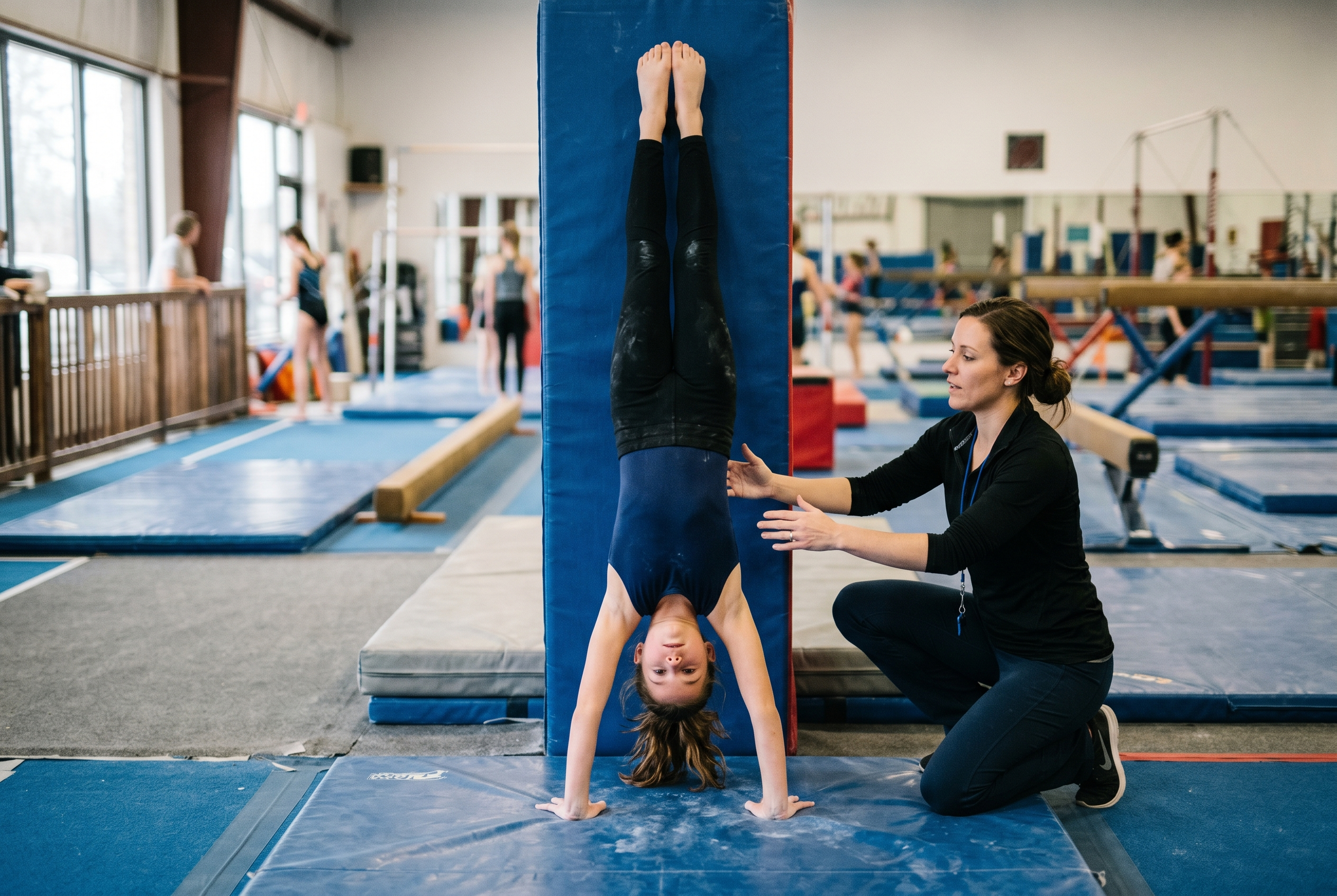 Girl around ten years old holding a wall handstand in a tight straight line at a recreational gymnastics gym while a coach kneels beside her with hands ready at her hips to spot, chalk on her hands and legs