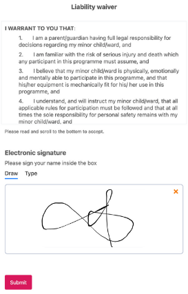 Activity Messenger digital liability waiver showing parent agreement terms and electronic signature field for swim program registration