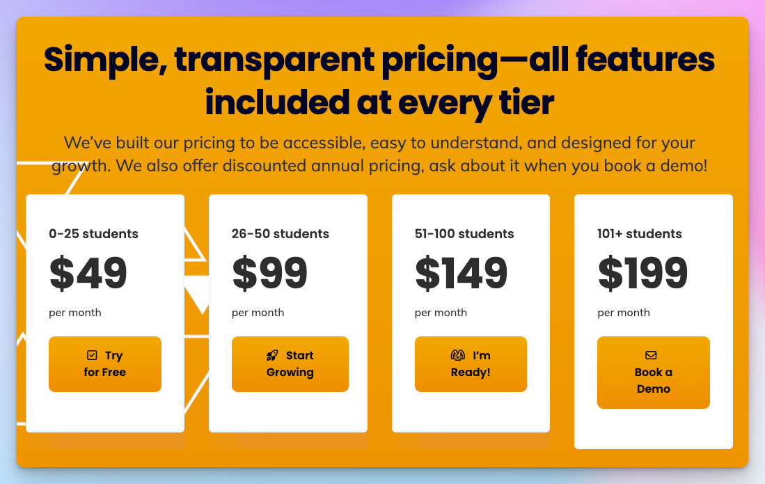 Kicksite pricing page showing four tiers by student count, from $49 to $199 a month