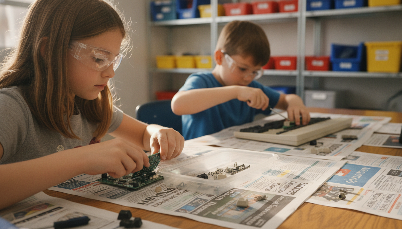 Children taking apart an old keyboard