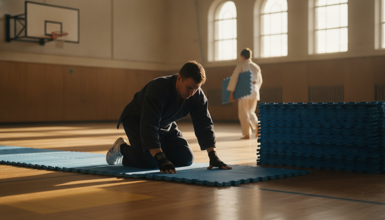 Instructor laying out puzzle mats