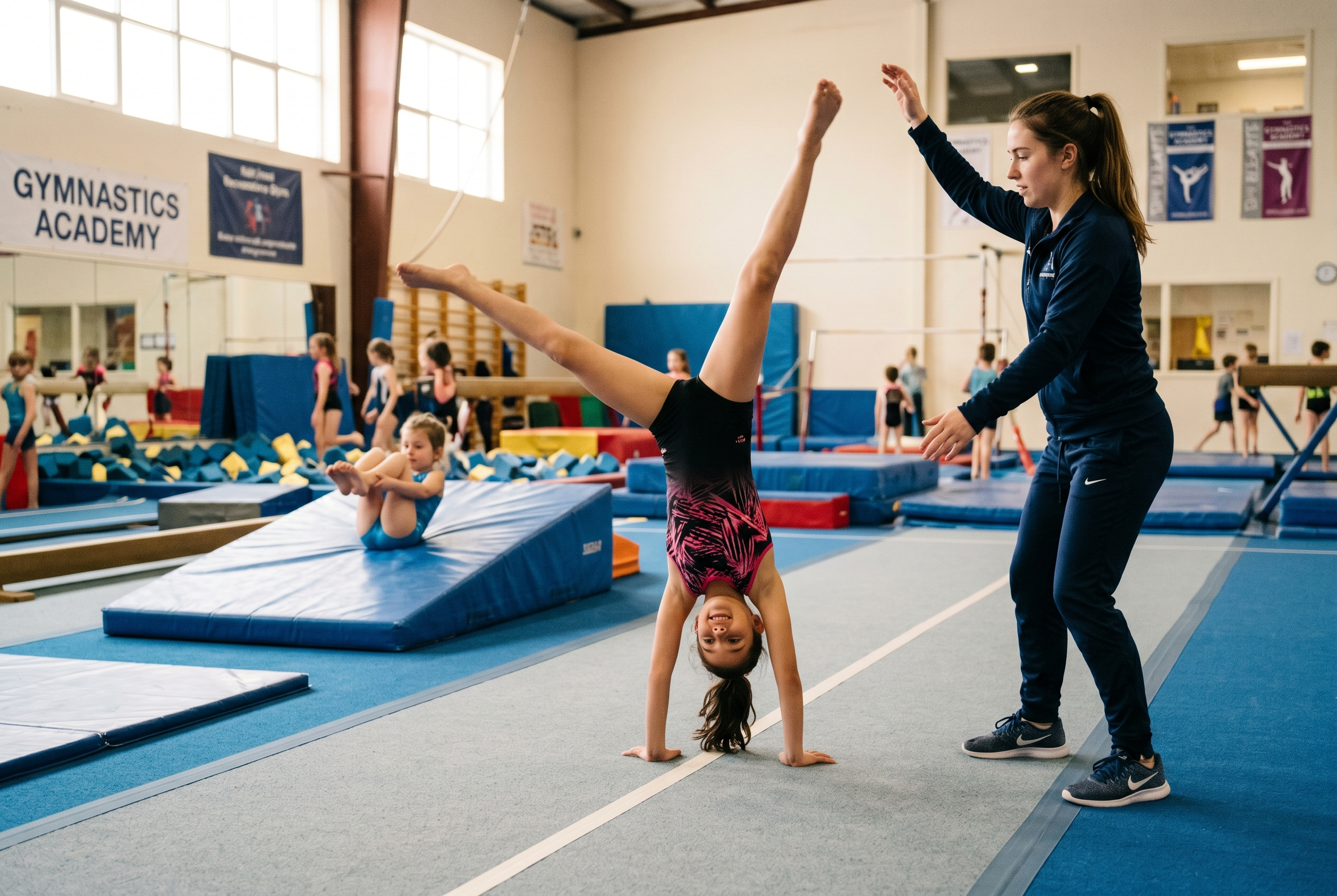 School-age girl performing a cartwheel along a taped floor line in a recreational gymnastics gym while a coach stands alongside with one arm raised to spot her, and another child works a tuck shape on a blue wedge mat behind