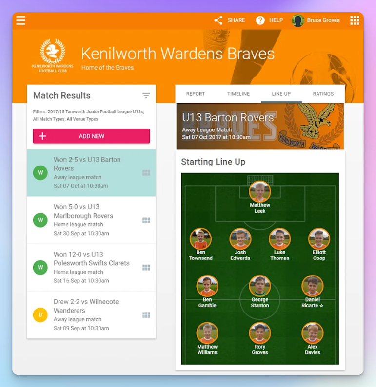 TeamStats team page for a junior football club showing a season's match results alongside a starting line-up on a pitch diagram