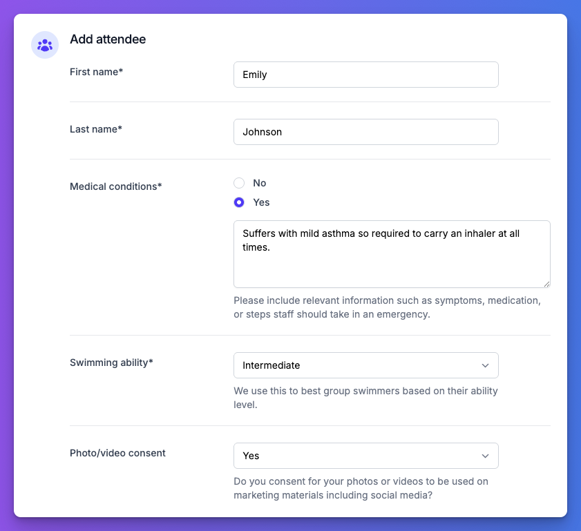 Pembee customizable registration form showing attendee name fields, medical conditions with conditional detail input, swimming ability level selector, and photo/video consent for swim school enrolment.