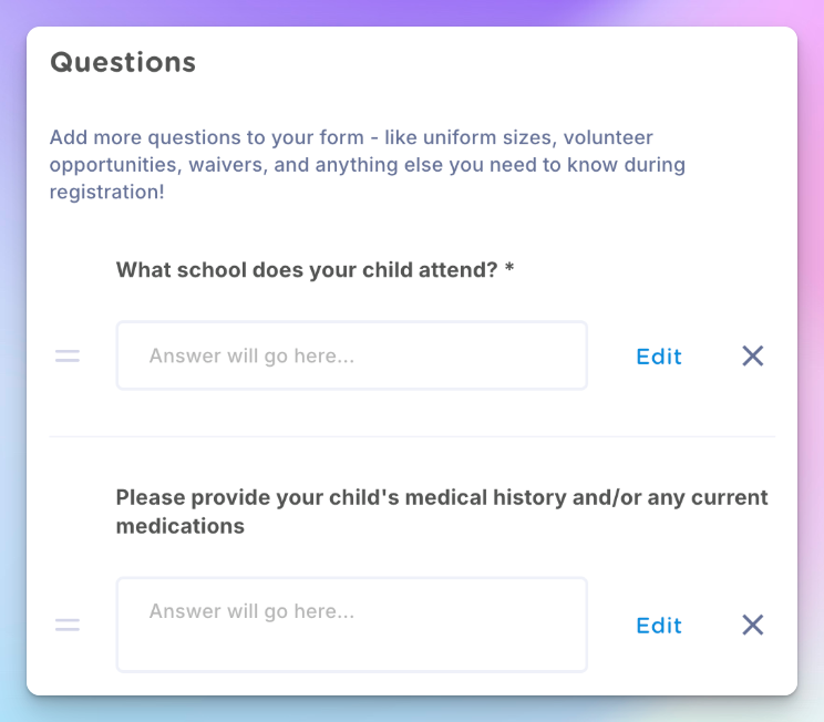Jersey Watch registration form builder showing custom questions for school attended and medical history