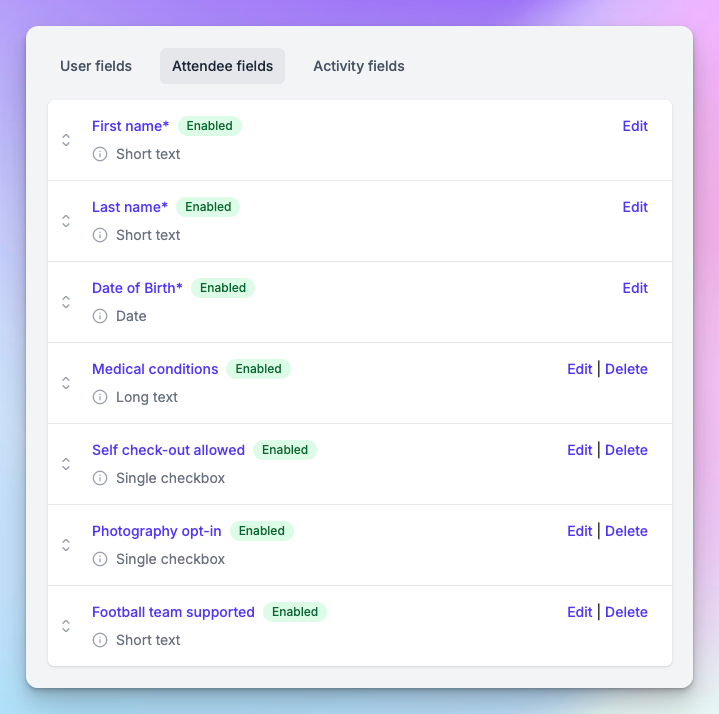 Pembee attendee field configuration showing custom registration fields including medical conditions, photography opt-in and football team supported