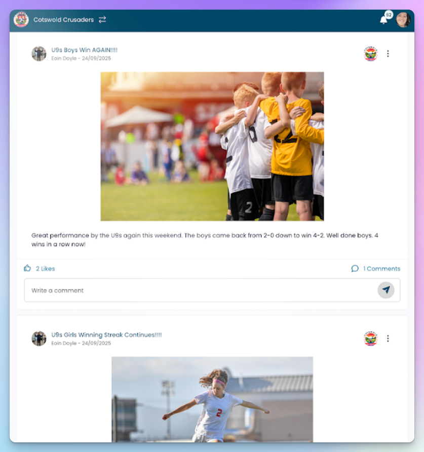TeamFeePay club news feed showing match report posts with photos, likes and comments