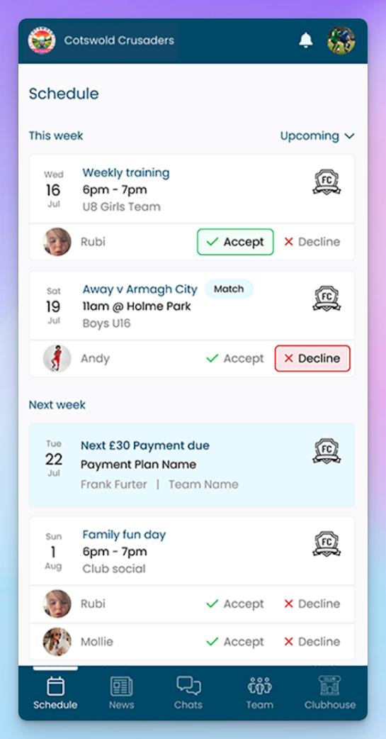 TeamFeePay club app schedule showing weekly training, an away match with availability responses, and an upcoming £30 subs payment