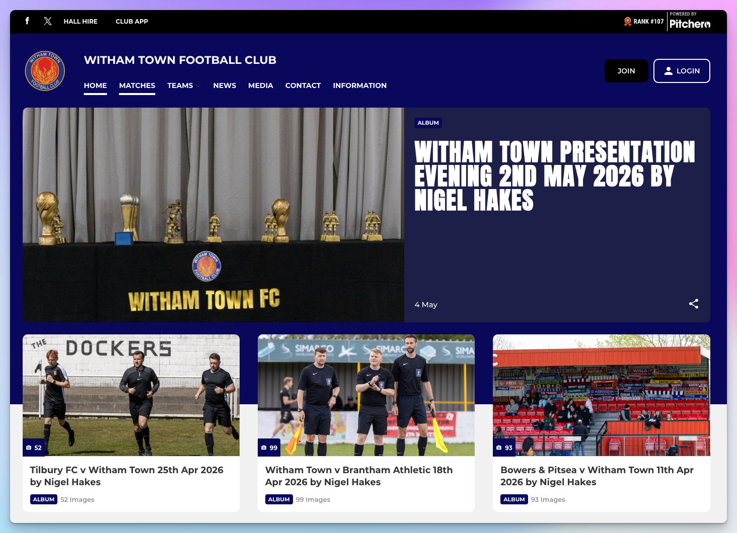 Pitchero club website for Witham Town FC, showing club news, fixtures, and sponsors