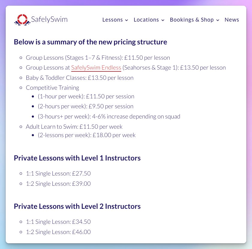 SafelySwim 2026 price list showing group, baby, adult and private lesson prices