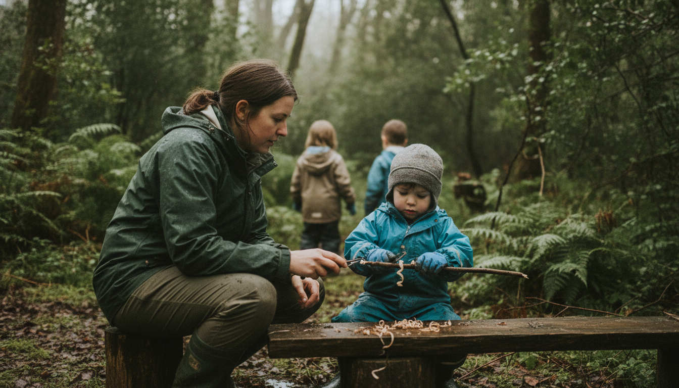 Forest school leader with child