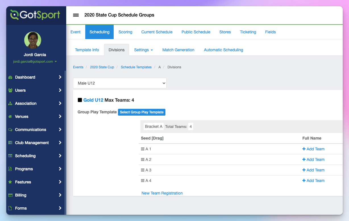 GotSport competition management screen showing bracket seeding and schedule groups for a State Cup age division