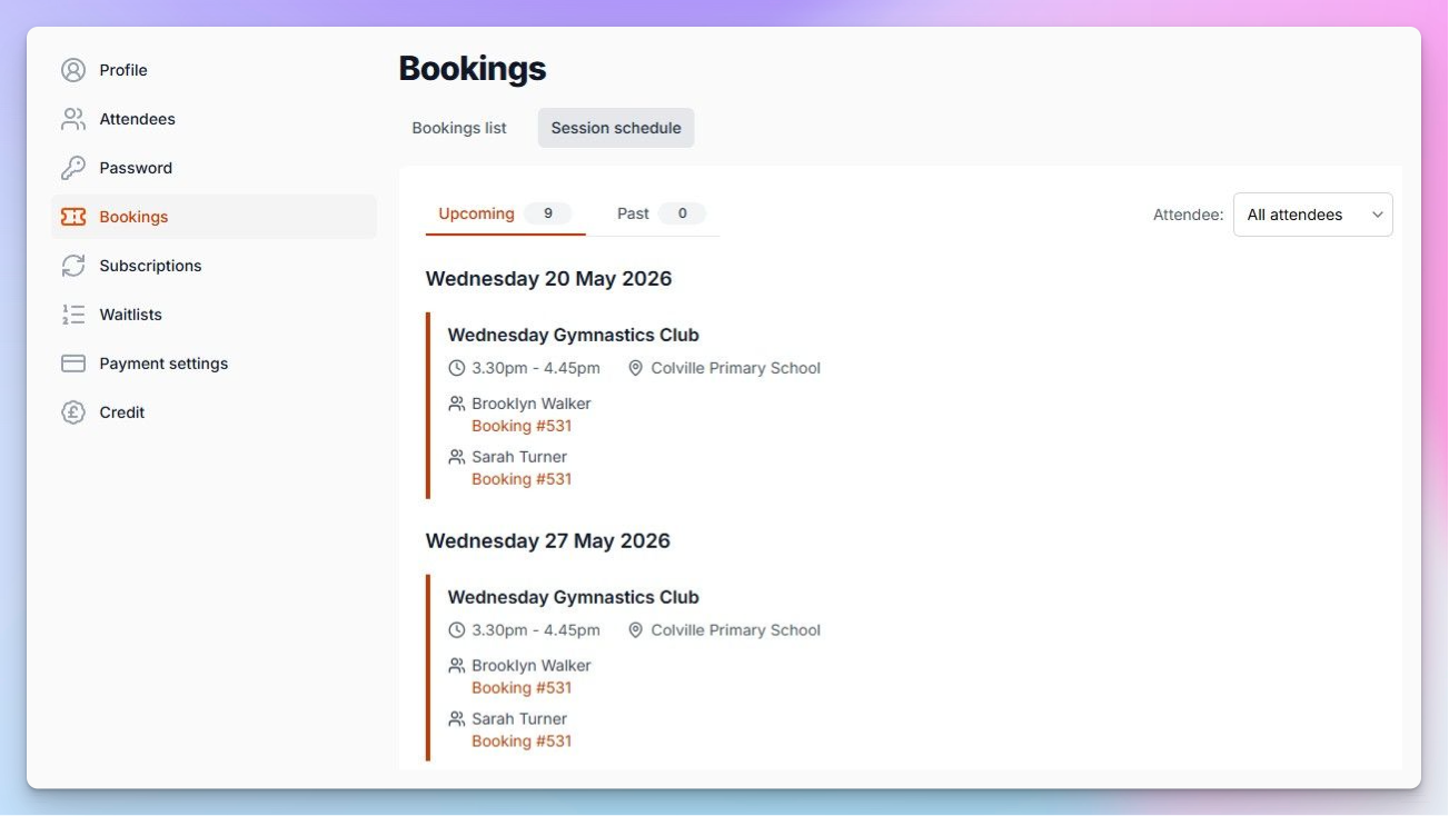Pembee customer portal showing a parent's upcoming gymnastics club sessions and bookings
