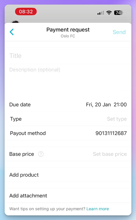 Spond payment request screen for a football club, with fields for title, due date, payout method and base price