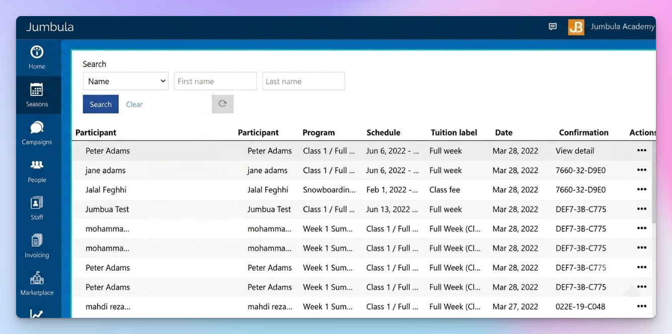 Jumbula registrations dashboard listing participants with their program, schedule, tuition, and confirmation code
