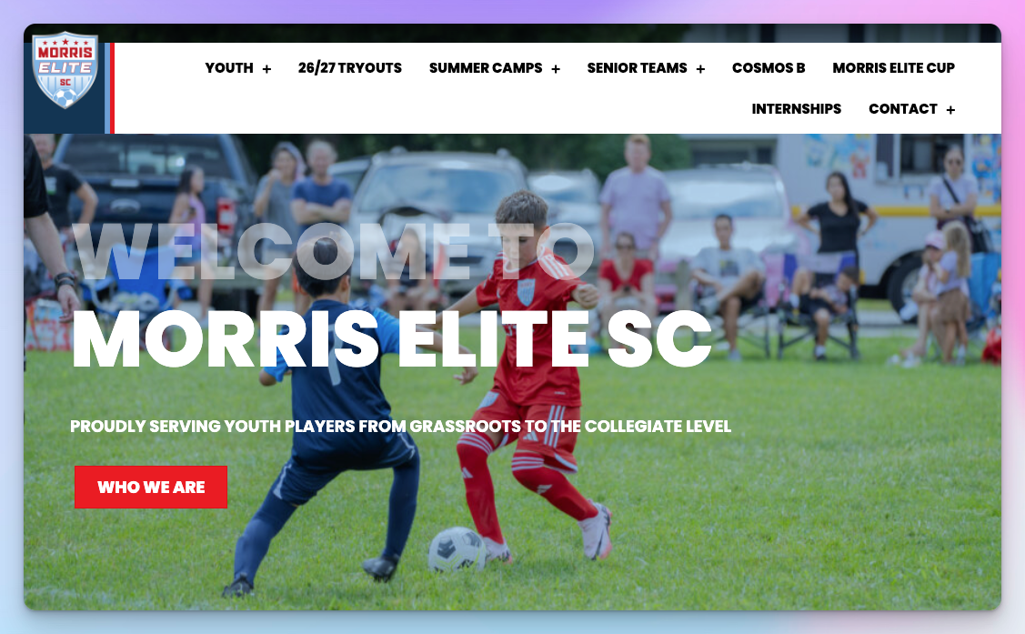 Morris Elite SC homepage, with navigation links for tryouts, summer camps, and senior teams