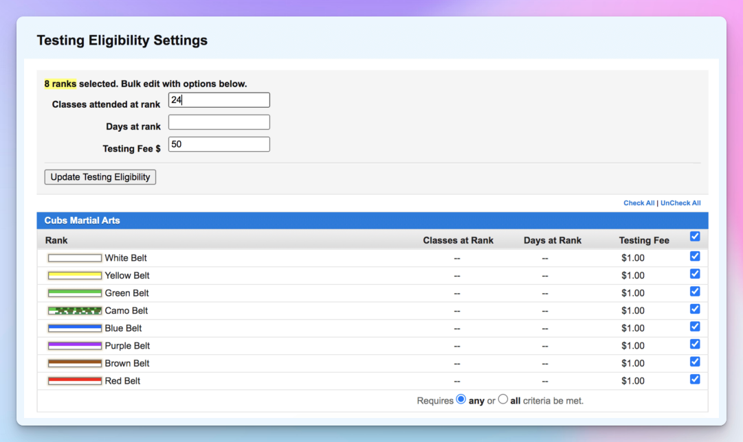 Kicksite testing eligibility settings listing belt ranks from white to red
