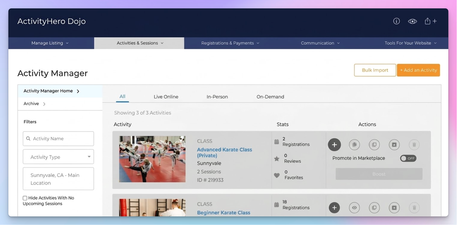 ActivityHero Activity Manager listing karate classes with registration counts and a Promote in Marketplace toggle