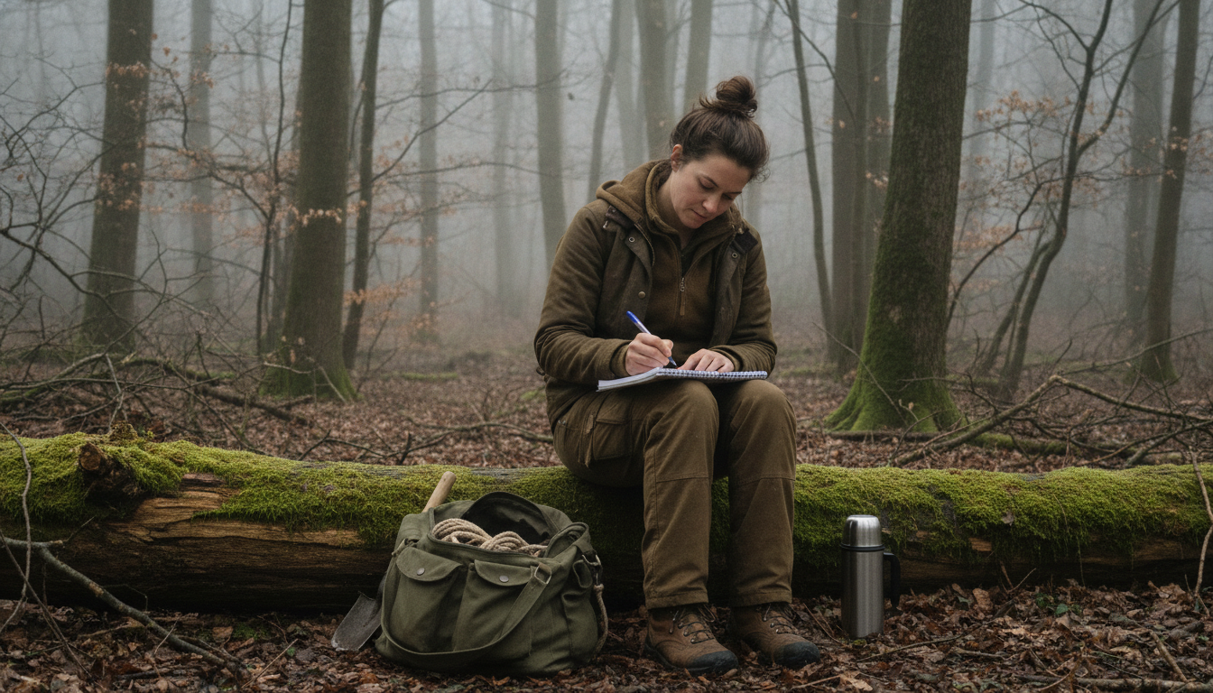 Forest school leader writing notes