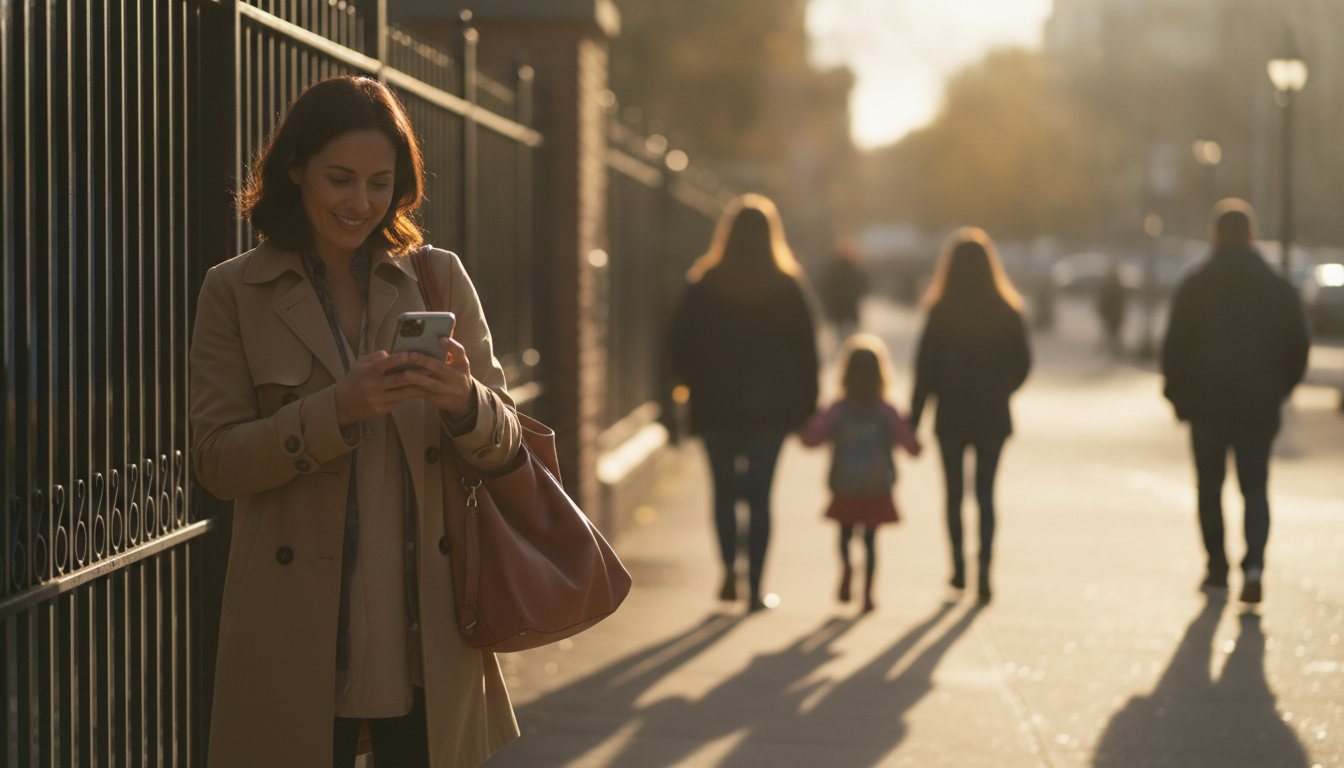 Parent booking on a phone at the school gate