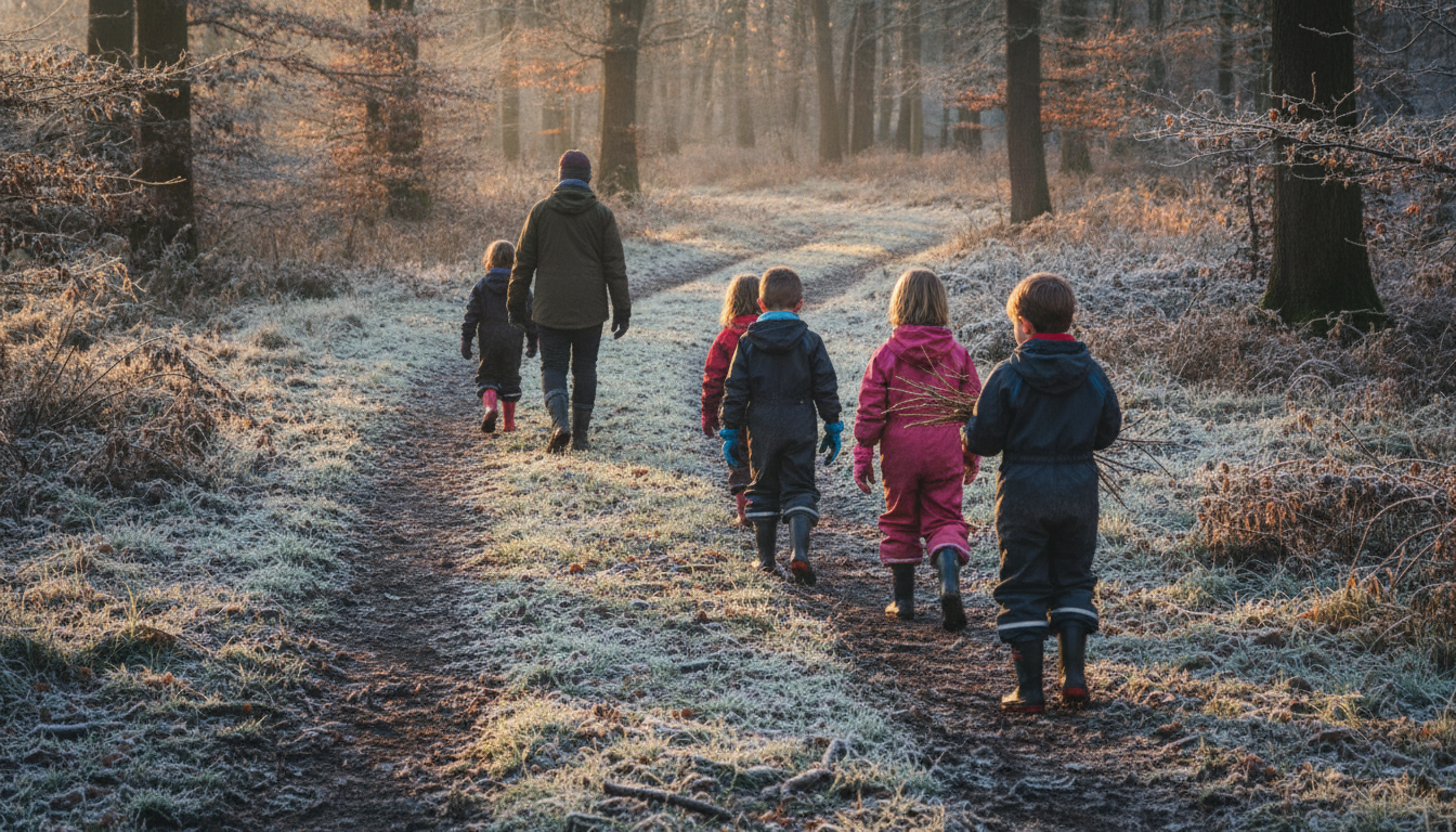 Children walking in winter woodland