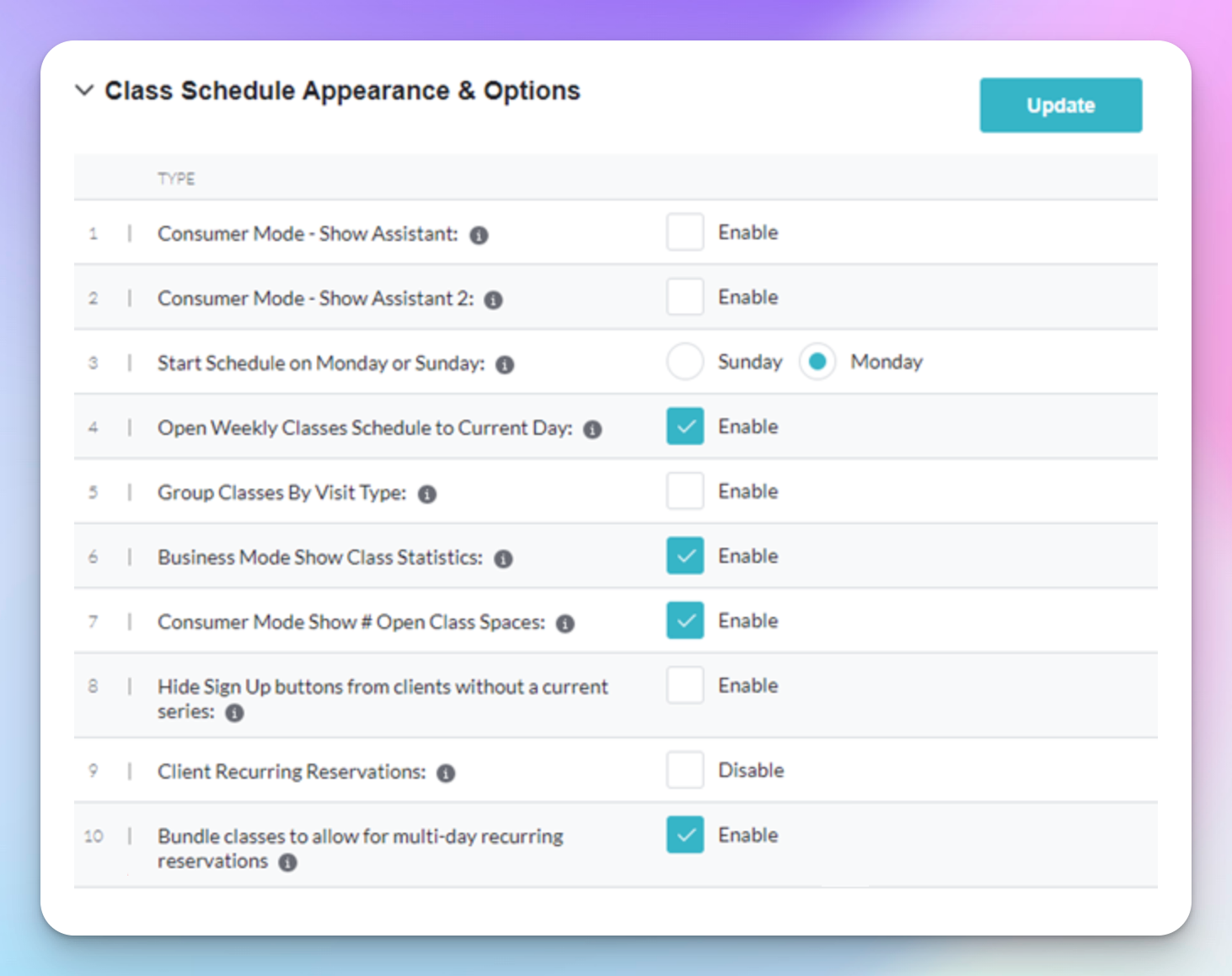 Mindbody class schedule options with the setting to bundle classes for multi-day recurring reservations enabled