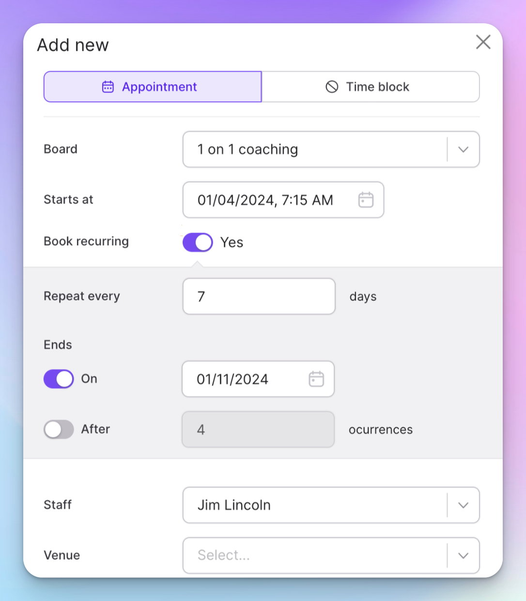 Momence recurring booking settings showing a repeat-every-7-days rule with an end date or a set number of occurrences