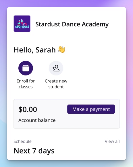 Class Manager parent account view showing the account balance, a make-a-payment button, and class enrollment options