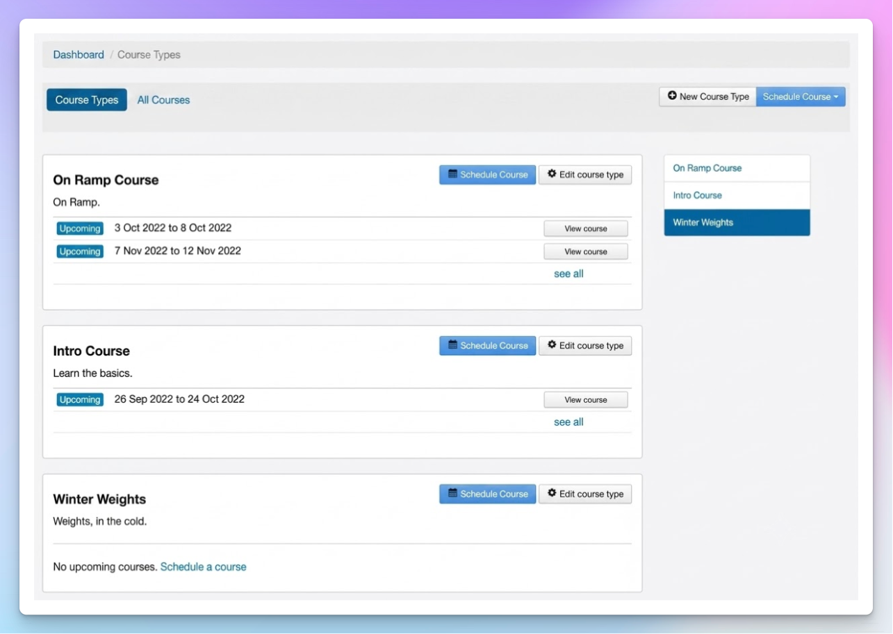 TeamUp course scheduler showing course types with upcoming dates and schedule buttons