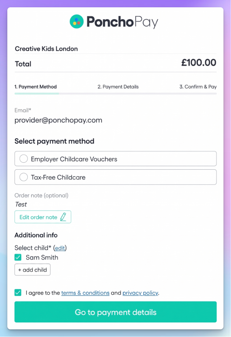 PonchoPay payment screen for a £100 booking, with Employer Childcare Vouchers and Tax-Free Childcare offered as the payment method