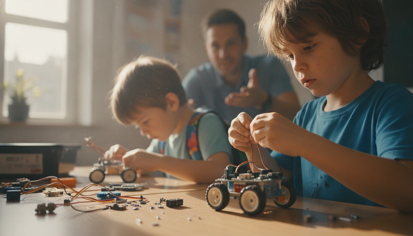 Children building a robot kit