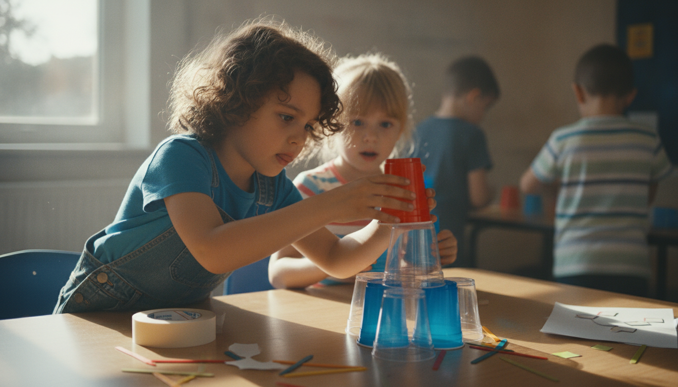 Children building a cup tower