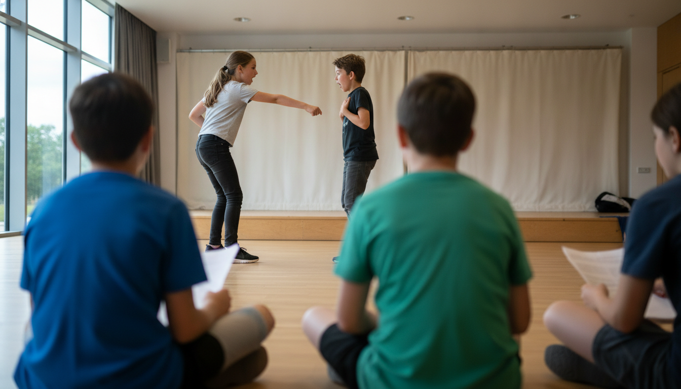 Children rehearsing in a school hall
