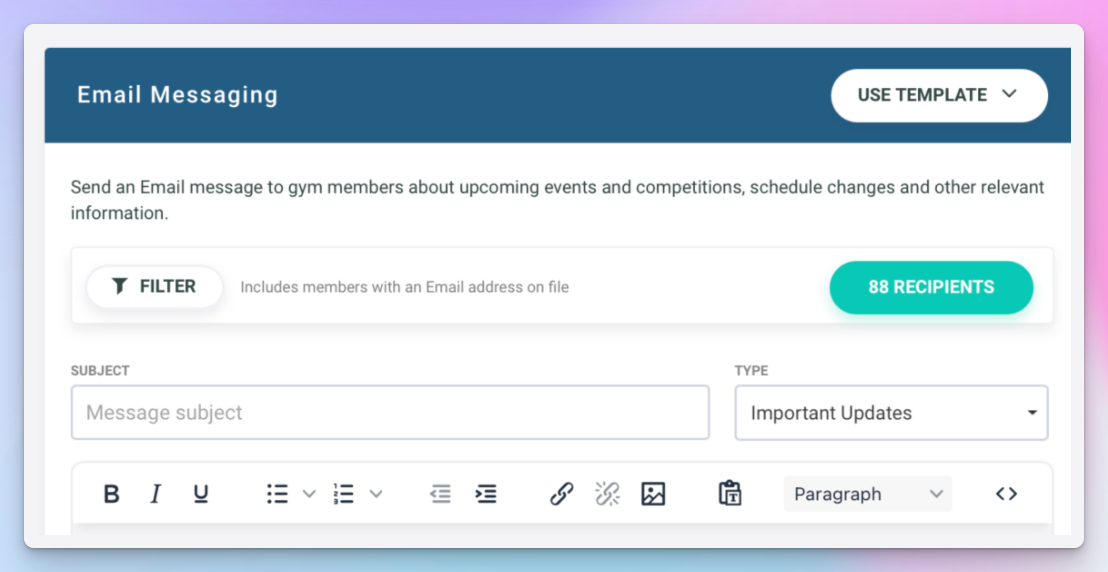 Gymdesk email messaging screen composing a message to 88 members with templates and audience filters