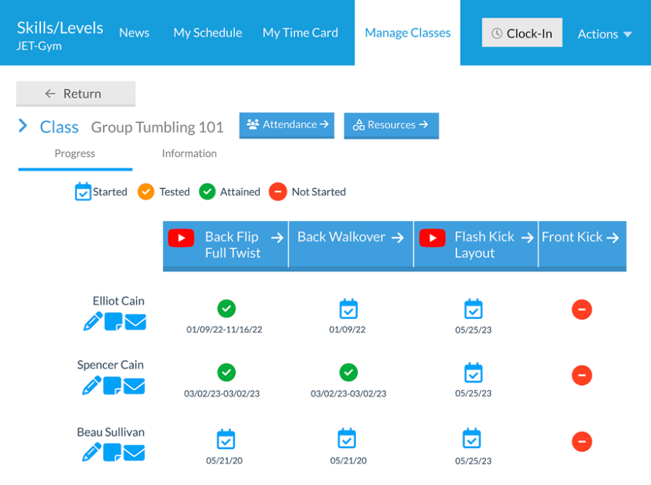 Jackrabbit skills and levels tracking screen showing student progression with started, tested, and attained status indicators across skill milestones
