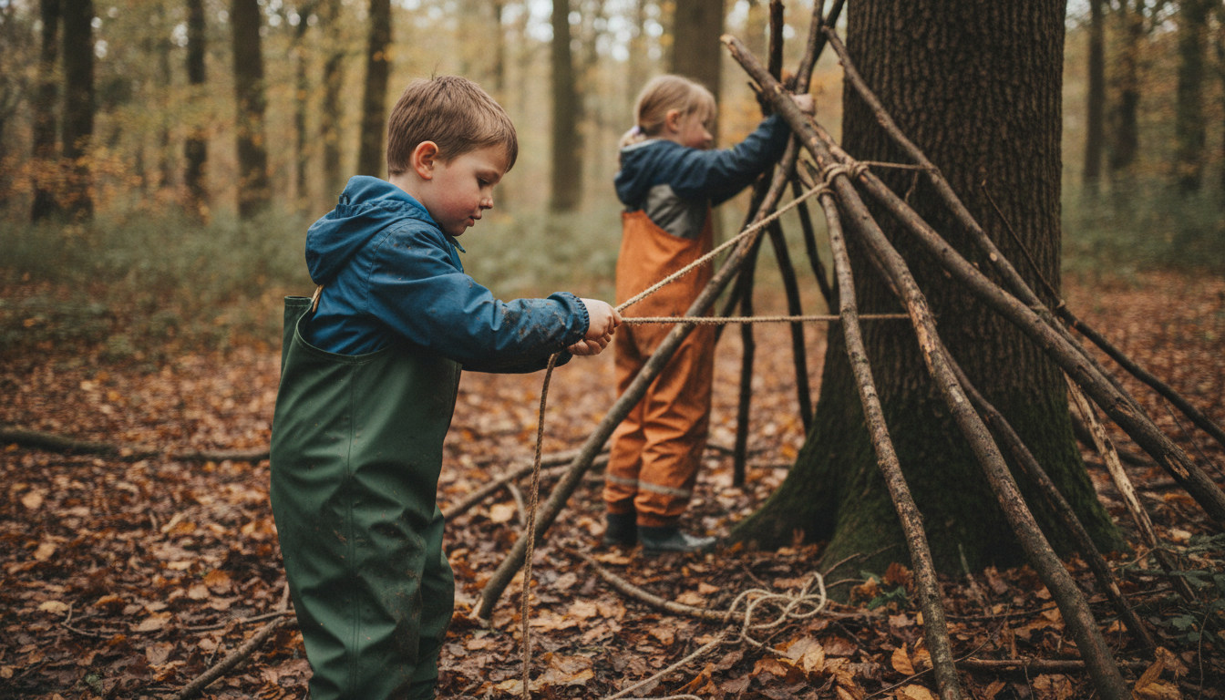 Children building a woodland den